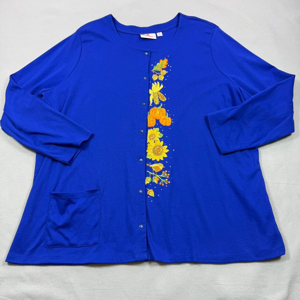 Quacker Factory Royal Blue Harvest Pumpkin Sunflower Cardigan 3X Rhinestone Fall